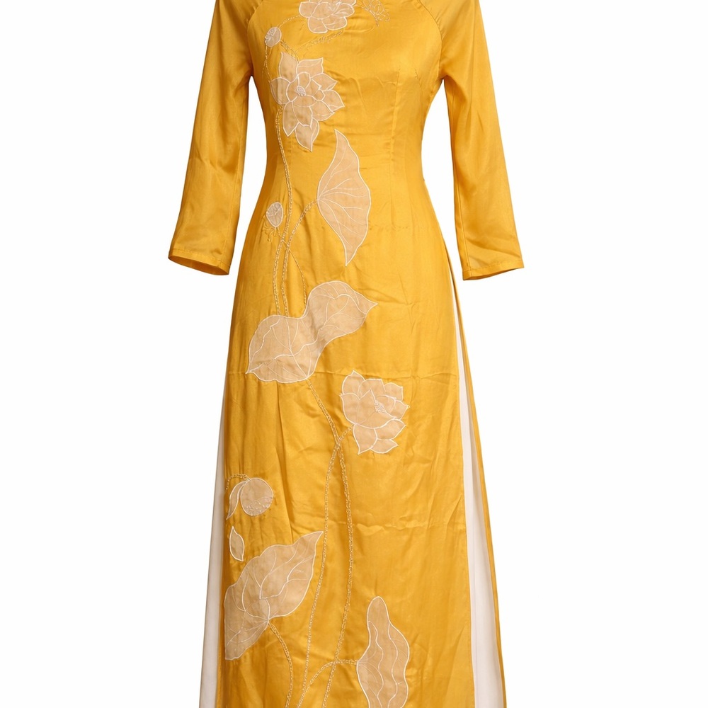 Golden Yellow Vietnamese Ao Dai Dress M White Lotus Appliqué Back Zip No Pants